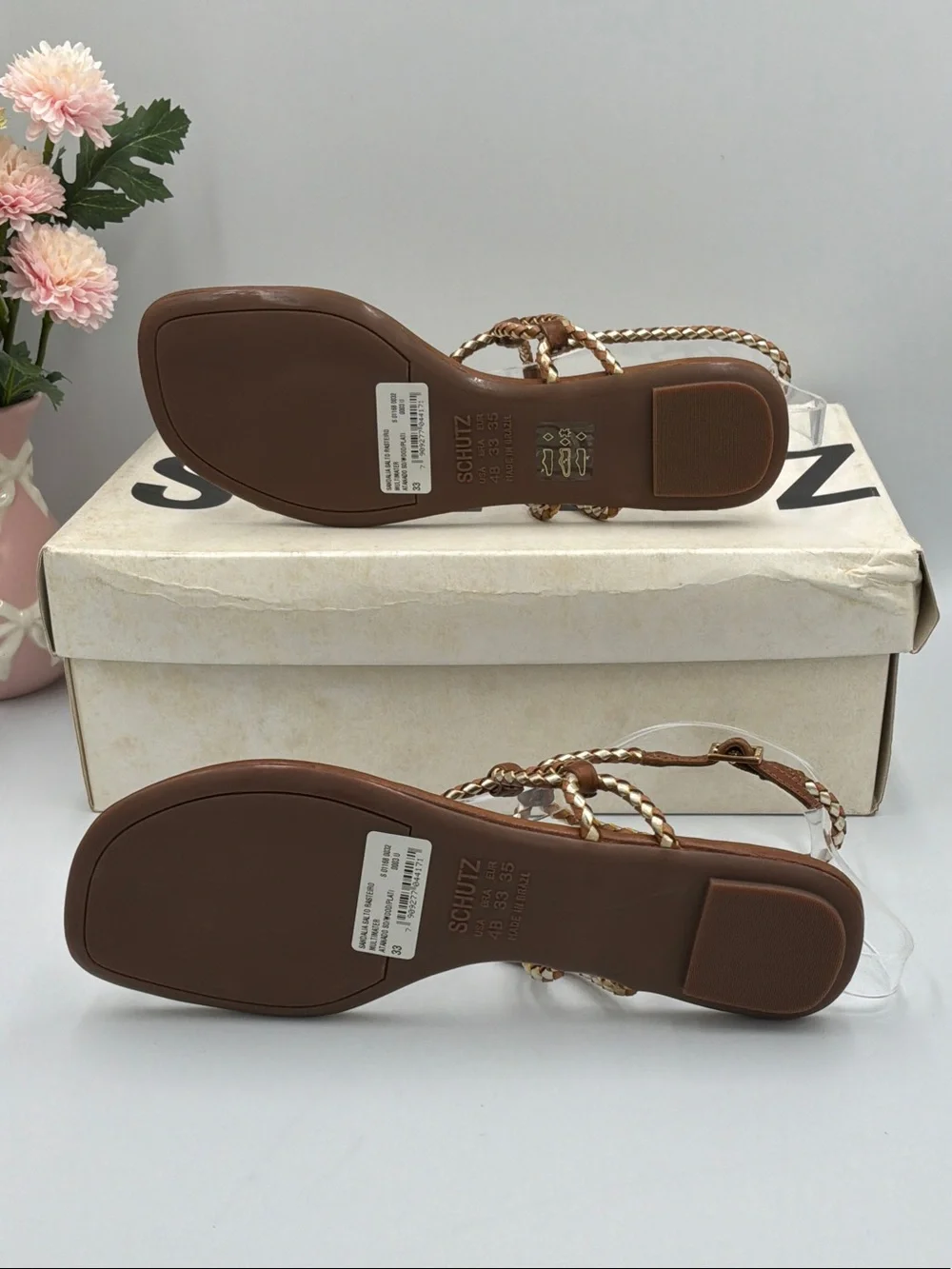 SCHUTZ Tan Braided Leather T-Strap Sandals